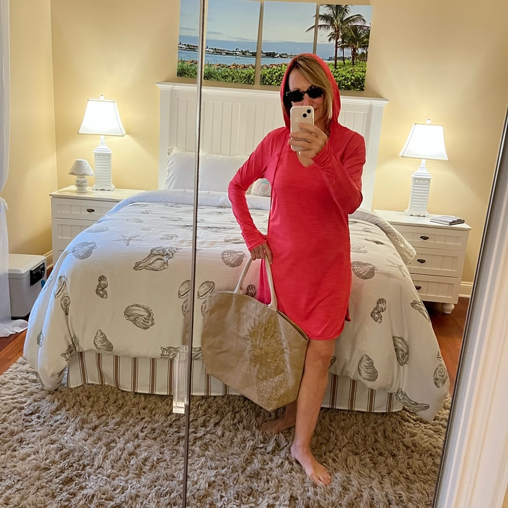 🌴 COOLIBAR SPF Orange/Red Beach Cover-Up with hood. Size S